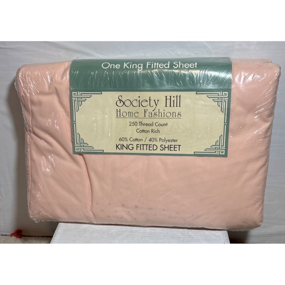 Society Hill Fitted Sheet King Pink 250 Thread Count Cotton Made In USA Vintage